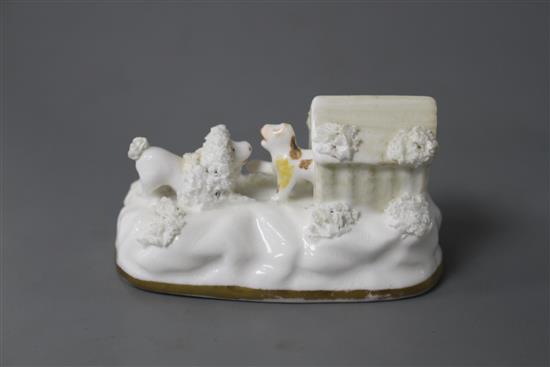 A rare Staffordshire porcelain toy group of a cat, poodle and kennel, c.1835-50, possibly LLoyd Shelton, L. 8cm